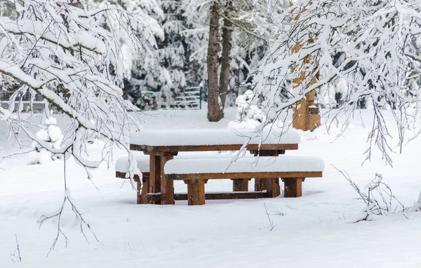 The bench and table are covered with snow in forest park. Winter landscape.