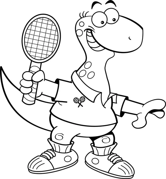 Cartoon brontosaurus playing tennis. — Stock Vector