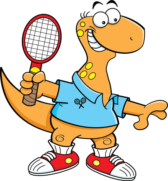 Cartoon brontosaurus playing tennis. — Stock Vector