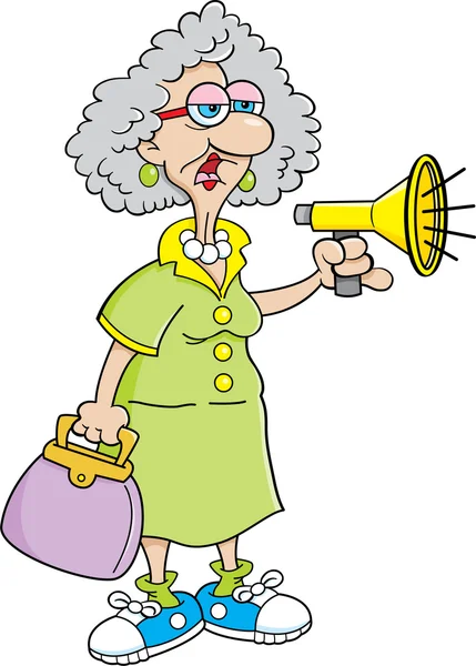 Cartoon old lady with a megaphone. — Stock Vector