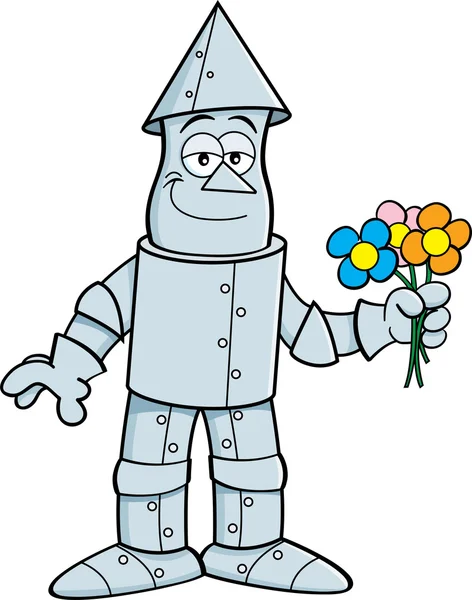 Kreslený cínu muž drží květiny. — Stockový vektor