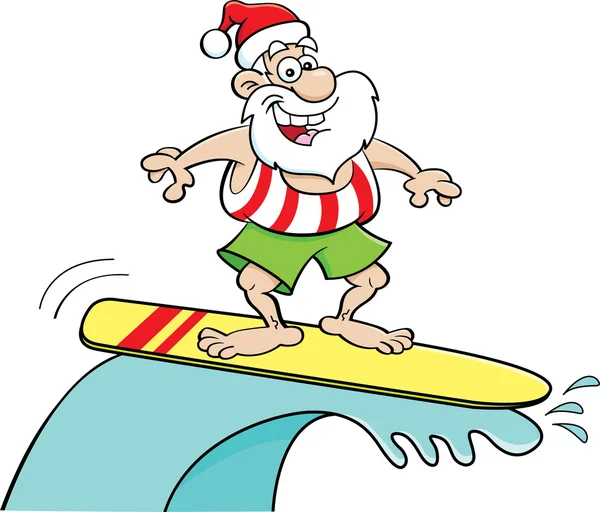 Ilustrasi kartun Santa Claus mengendarai papan selancar . - Stok Vektor
