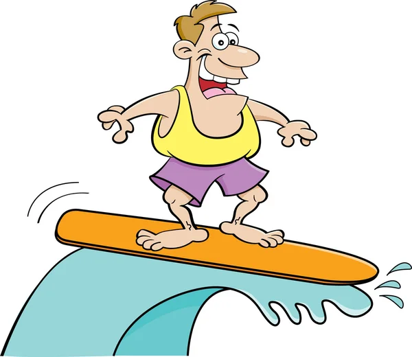 서핑 하는 만화 웃는 남자. — 스톡 벡터