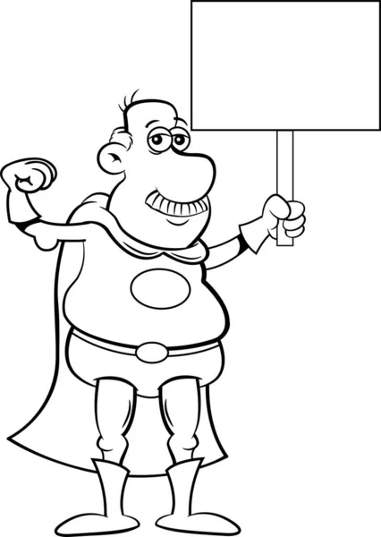一个身穿超级英雄服装的老人做着肌肉并拿着标志的黑白照片 — 图库矢量图片