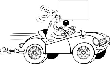 Üstü açık spor bir araba kullanan, elinde tabela tutan bir köpeğin siyah beyaz çizimi..