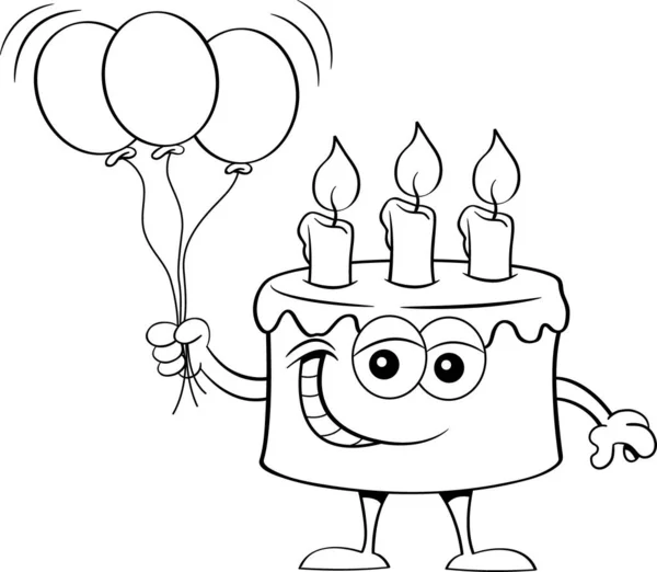 Ilustración Blanco Negro Pastel Cumpleaños Feliz Sosteniendo Montón Globos — Archivo Imágenes Vectoriales