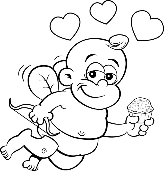 Black White Illustration Baby Cupid Holding Bow Cupcake Surrounded Hearts — Stock Vector