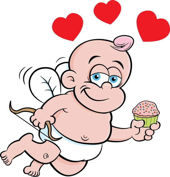 ハートに囲まれた弓とカップケーキを持つ赤ちゃんのキューピッドの漫画イラスト — ストックベクタ