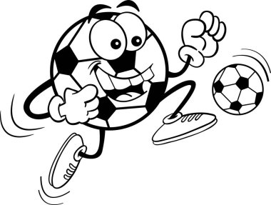 Mutlu bir futbol topunun topa vuruşunun siyah beyaz çizimi.