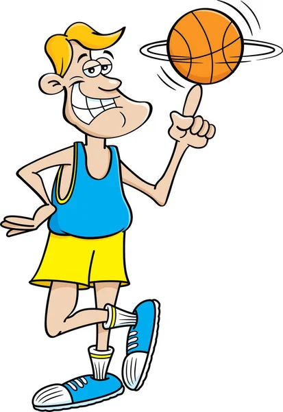 Cartoon Ilustrace Usmívajícího Basketbalisty Točícího Basketbal Prstu — Stockový vektor