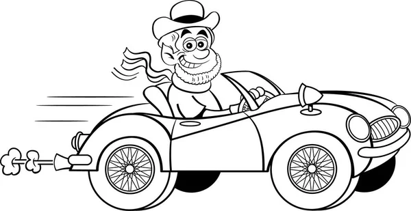 Ilustrasi Hitam Dan Putih Tentang Seorang Leprechaun Mengendarai Mobil Sport - Stok Vektor