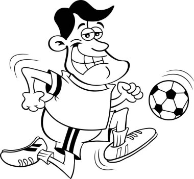 Futbol formalı, futbol topunu tekmeleyen gülümseyen bir adamın siyah-beyaz çizimi..