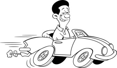 Siyah-beyaz, gülümseyen bir Afrikalı Amerikalının spor araba sürüşünün resmi..