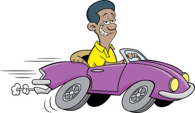 Gülümseyen bir Afrikalı Amerikalının spor araba sürüşünün karikatür çizimi.