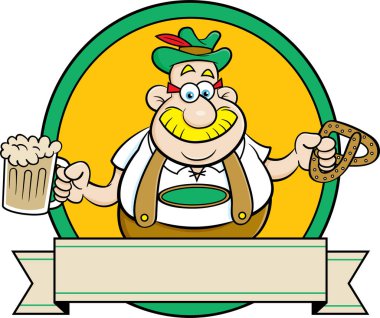 Çizgi filmde, elinde bira ve çubuk kraker olan deri pantolonlu bir adamın pankarttaki çizimi..