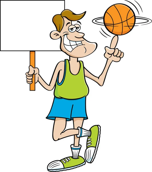 看板を持ちながら指にバスケットボールを回転させる笑顔のバスケットボール選手の漫画のイラスト — ストックベクタ