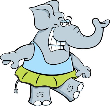 Dans ederken bale eteği giyen mutlu bir filin karikatür çizimi.