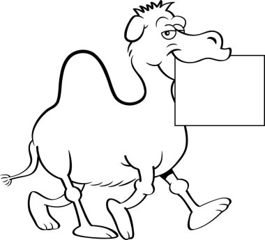 Bir devenin ağzında bir tabela tutarken yürümesinin siyah ve beyaz çizimi.