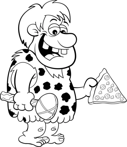 Černobílá Ilustrace Jeskynního Muže Držícího Velký Plátek Pizzy — Stockový vektor