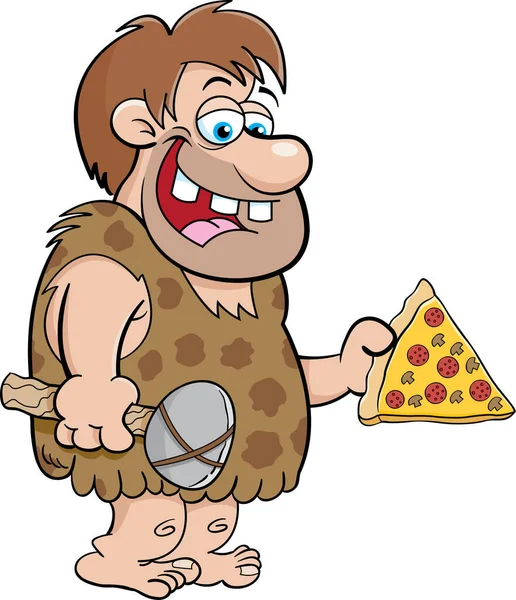 Ilustracja Rysunkowa Jaskiniowca Trzymającego Duży Kawałek Pizzy — Wektor stockowy