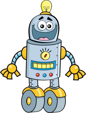 Ayaklarında tekerlekleri olan mutlu bir robotun çizgi film çizimi.