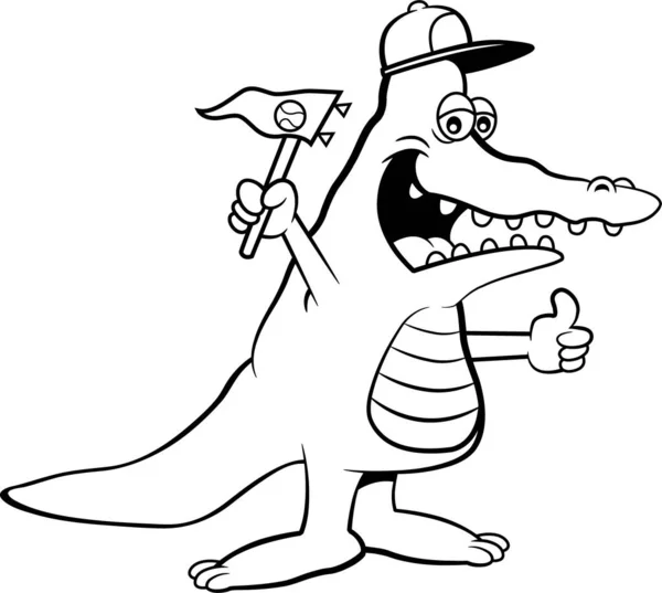 Schwarz Weiße Abbildung Eines Alligators Mit Baseballmütze Und Wimpel — Stockvektor