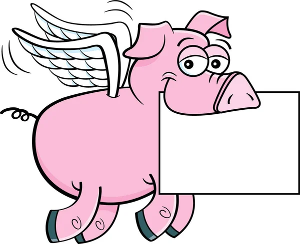 Мультяшна Ілюстрація Щасливої Свині Крилами Летять Тримаючи Знак Векторна Графіка