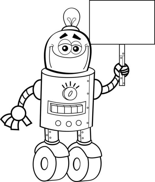 Ilustración Blanco Negro Robot Feliz Con Ruedas Para Pies Sosteniendo Vectores de stock libres de derechos