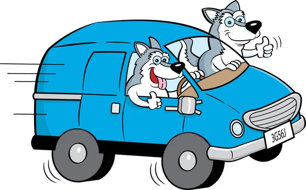 Cartoon Illustratie Van Twee Husky Honden Rijden Een Busje — Stockvector