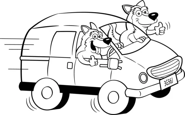 Ilustración Blanco Negro Dos Perros Husky Conduciendo Una Furgoneta Vectores de stock libres de derechos