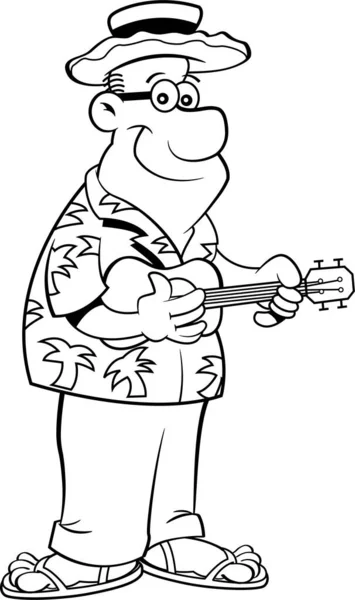 Ilustración Blanco Negro Hombre Feliz Tocando Ukelele — Vector de stock