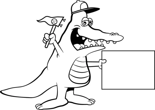 Ασπρόμαυρη Απεικόνιση Αλιγάτορα Που Φοράει Καπέλο Του Μπέιζμπολ Και Κρατά — Διανυσματικό Αρχείο