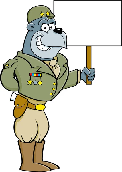 Kreskówkowa Ilustracja Uśmiechniętego Goryla Przebranego Generała Trzymającego Znak — Wektor stockowy