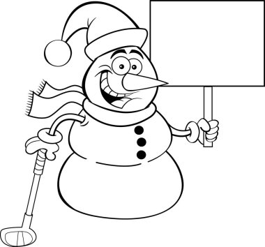 Siyah beyaz kardan adam elinde golf sopası ve bir tabela tutarken Noel Baba şapkası takıyor..