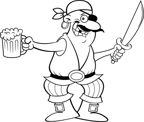 Ilustração Preto Branco Pirata Segurando Uma Espada Uma Caneca Cerveja —  Vetores de Stock