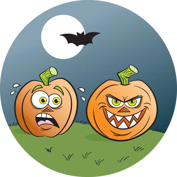Cartoon Illustration Two Jack Lanterns Full Moon Flying Bat — 스톡 벡터