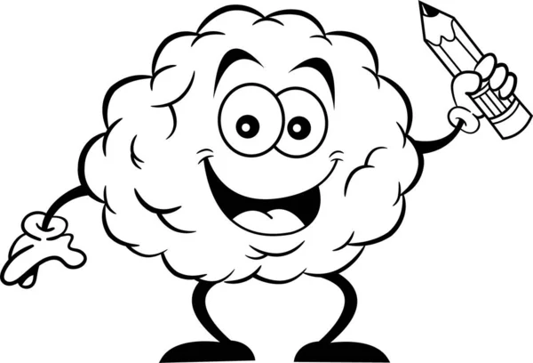 Illustrazione Bianco Nero Cervello Sorridente Mentre Tiene Una Matita — Vettoriale Stock