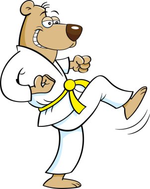 Karate üniformalı bir ayının tekmelenmesinin karikatür çizimi.