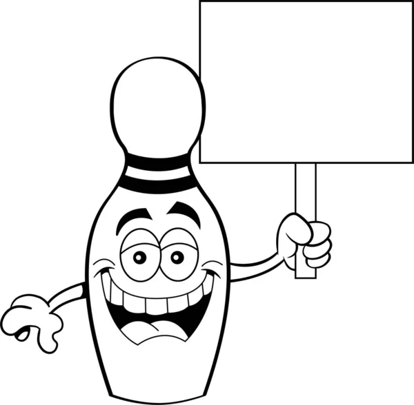 Schwarz Weiße Illustration Einer Lächelnden Bowlingnadel Mit Einem Schild — Stockvektor