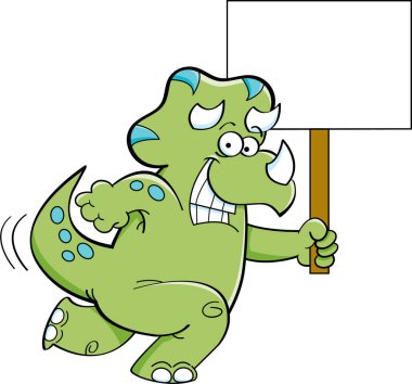Bir tabela tutarken koşan gülümseyen triceratops çizgi film çizimi.