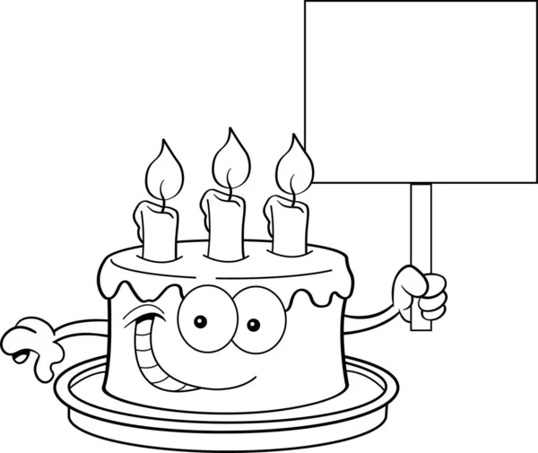 Чорно Біла Ілюстрація Усміхненого Торта День Народження Тримає Знак — стоковий вектор