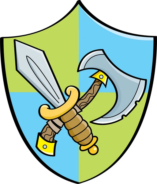 Cartoon sword and axe on a shield — Stock Vector