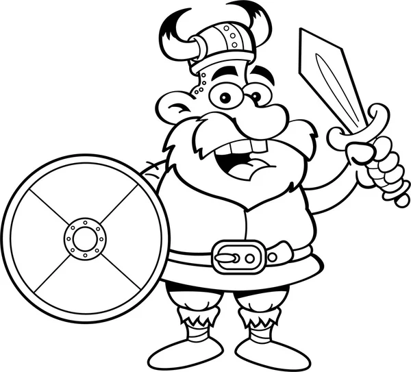 Cartoon viking håller en sköld och ett svärd — Stock vektor