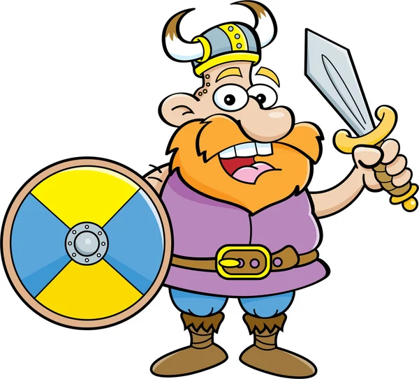 Vikingo de dibujos animados sosteniendo un escudo y una espada — Vector de stock