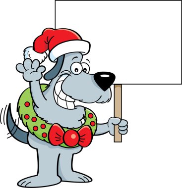 Bir çelenk ve bir işaret tutan Noel Baba şapkası giyen karikatür köpek.