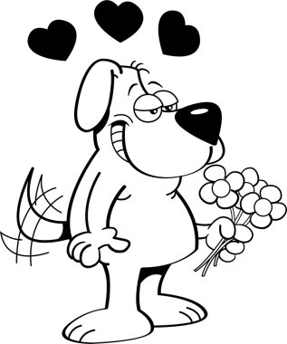 Cartoon dog holding flowers. clipart