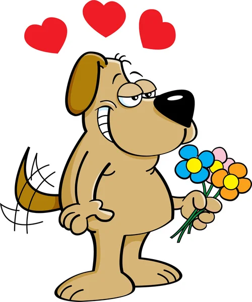 Cartoon dog holding flowers. — Stock Vector