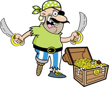 Cartoon pirate with a treasure chest. clipart