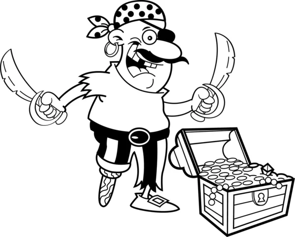 Pirata de dibujos animados con un cofre del tesoro . — Vector de stock