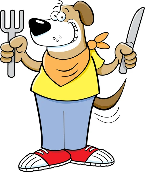 Perro hambriento de dibujos animados sosteniendo un cuchillo y tenedor — Vector de stock